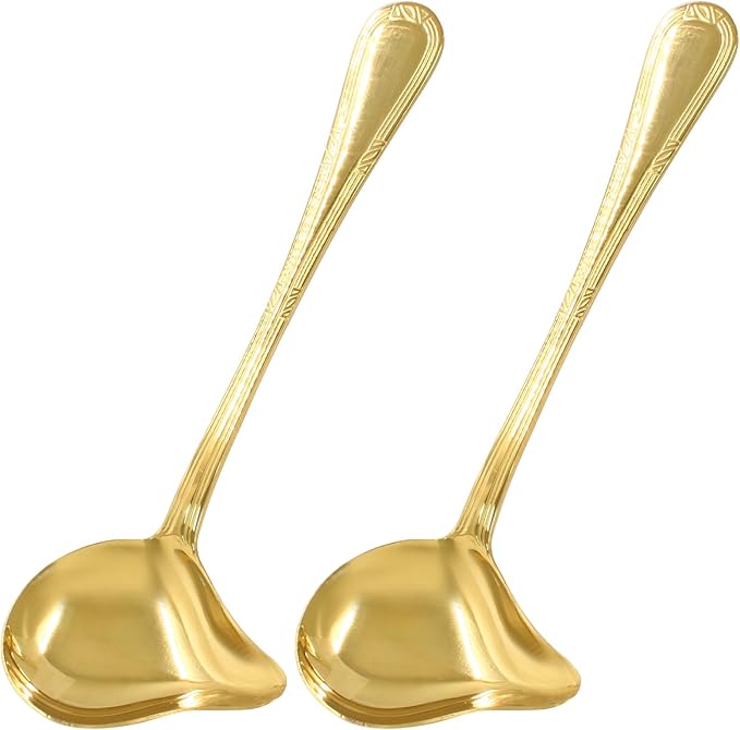 2 Pcs Stainless Steel Sauce Ladle with Pouring Spout, Long Handle Soup Ladle Gravy Ladle Sauce Drizzle Spoon Soup Spoon(Gold)