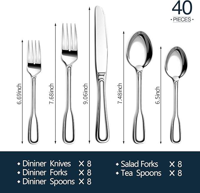 Silverware Set for 8, Heavy Duty Stainless Steel Cutlery Set with Wide Handles, Mirror Polished Utensils Spoons and Forks Set for Kitchen,Dishwasher Safe (Silver, 40 Pieces for 8)