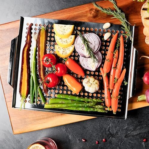 Stainless Steel BBQ Grill Topper Pan Tray for Vegetables, Meats, Skewers & Seafood - Grill Pan for Gas & Charcoal Grills & BBQ - Outdoor Cooking, Grilling, Camping & Tailgating by Mr. Bar-B-Q 06032Y