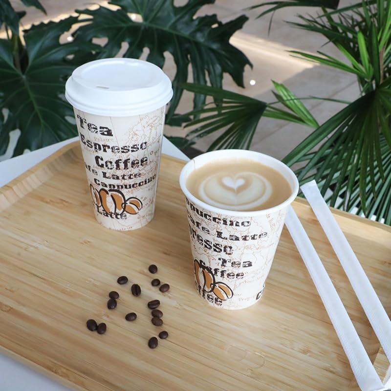 Amazon Basics Disposable Hot Paper Coffee Cups with Lids, To Go, Café Design, 16 oz, 100-Count