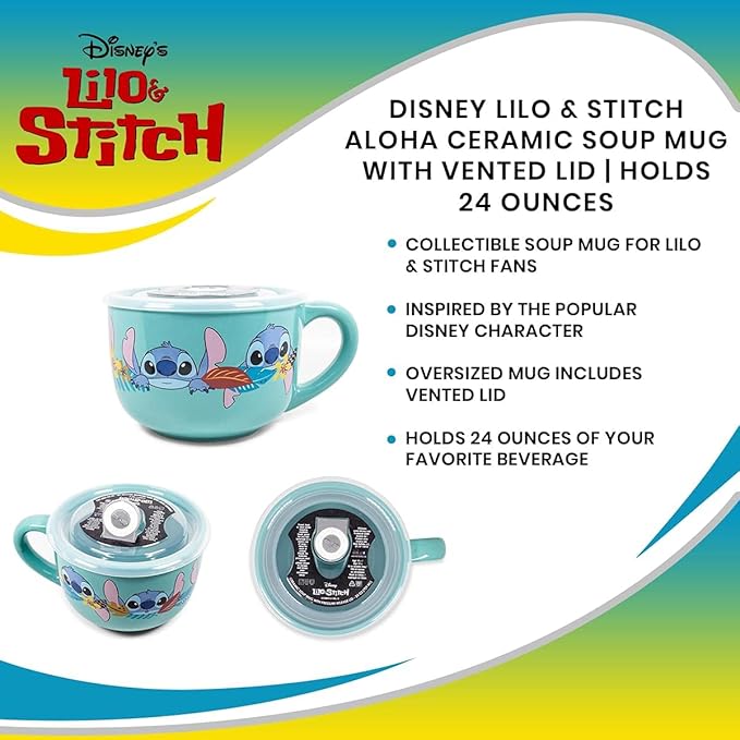 Silver Buffalo Disney Lilo and Stitch Aloha Various Faces Ceramic Soup Mug with Vented Plastic Lid, 24 Ounces
