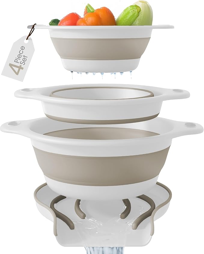 Collapsible Colanders (3 Pack Set) Food Strainers with Over-Sink Water Draining Base for Pasta Fruits and Vegetables, White/Beige (3 Sizes, 3QT, 4QT and 5 Quart)