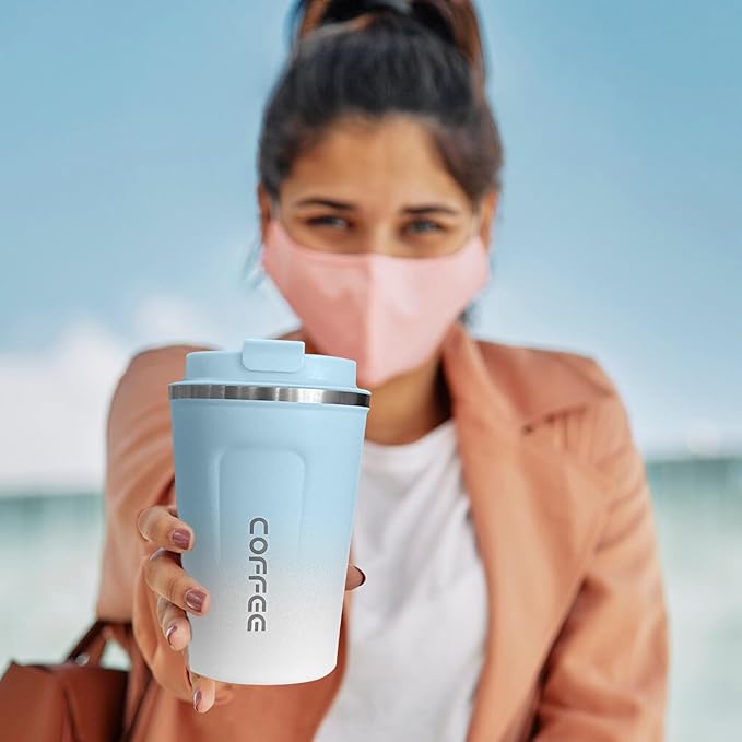Travel Coffee Mug Leak-Proof, Reusable Coffee Cups with Lids, Stainless Steel Vacuum Insulated Coffee Tumblers, Thermal Insulation Cup for Men and Women Hot & Cold Drinks(2nd-Blue White, 17OZ)