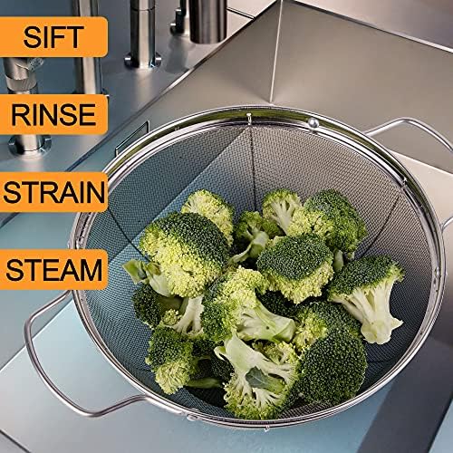 6 Pack 18/8 Stainless Steel Colander Sieves(5-Quart, 4-Quart and 3-Quart), Mesh Strainer Net Baskets with Handles & Resting Base for Strain, Drain, Rinse or Steam