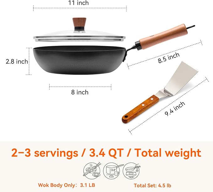 WANGYUANJI 11" Iron Skillet with Glass Lid & Griddle Spatula, Flat-Bottom Frying Pan, Uncoated & Unseasoned, Induction/Gas/Electric Compatible, Wooden Handle (Seasoning Required)