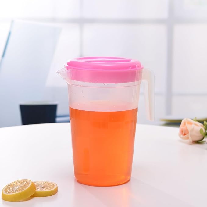 Honeydak 6 Pcs 70 Oz Round Clear Plastic Pitcher with Lid & Handle for Water Iced Tea Beverages (6 Packs Assorted Color) Jarras Para Aguas Frescas Plastic Pitcher for Easy Pouring