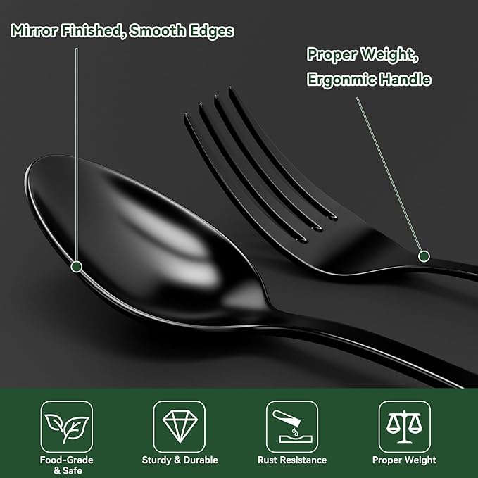 49 Pieces Black Silverware Set with Steak Knives, Stainless Steel Silverware with Organizer Flatware Utensils Set for 8, Forks and Spoons Silverware Set Cutlery Set