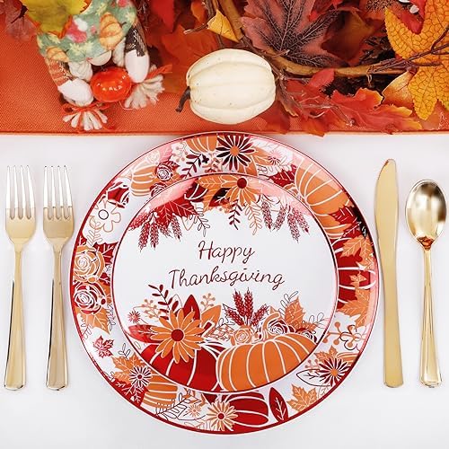 Rubtlamp 60PCS Thanksgiving Plastic Plates, White Orange Pumpkin Plates, Red Disposable Plates with Maple Leaves, Fall Disposable Plates Include 30 Dinner Plates, 30 Salad Plates For Thanksgiving