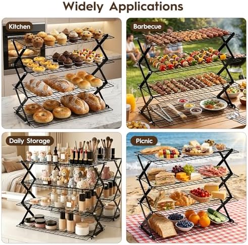 4 Tier Collapsible Cooling Rack - Upgraded Adjustable Heavy Duty Cooling Rack with 4 Setting Stackable Design - Space-Saving Folding Wire Bread Cookie Racks Cooling Baking Gifts for Women Black