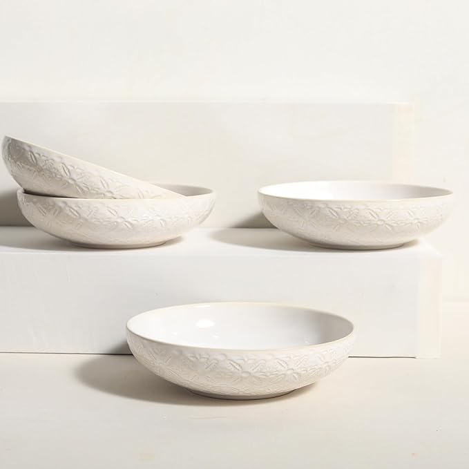 22 Oz Pasta Bowls Set of 4 - Ceramic Soup Bowls, 8inch Large Serving Bowl, Porcelain Kitchen Embossed Dish for Salad, Fruit, Rice, Desserts, Housewarming Present, Dishwasher Safe