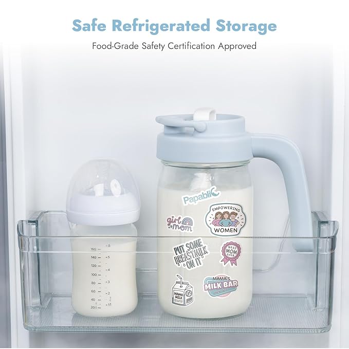 Papablic Breast Milk Pitcher – Baby-Safe Glass Formula Mixer with Easy-Blend Handle Lid, Wide-Mouth Mason Jar, Leakproof Flip-Lock Spout, BPA-Free, Gift for New Moms, Blue