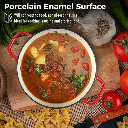 COOKWIN Cast Iron Casserole Braiser, 3.8 Quart Enameled Cast Iron Dutch Oven Pan with Lid, Heavy Duty and Dual Handles Skillet, Oven-Safe Porcelain Surface Casserole Dish, Red