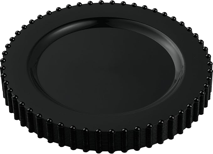 PLASTICPRO 128 Piece Combo Plastic Dinner Plates Disposable Plastic Fancy Heavy Duty Party Dishes 7 inch and 10 inch, Black Beaded