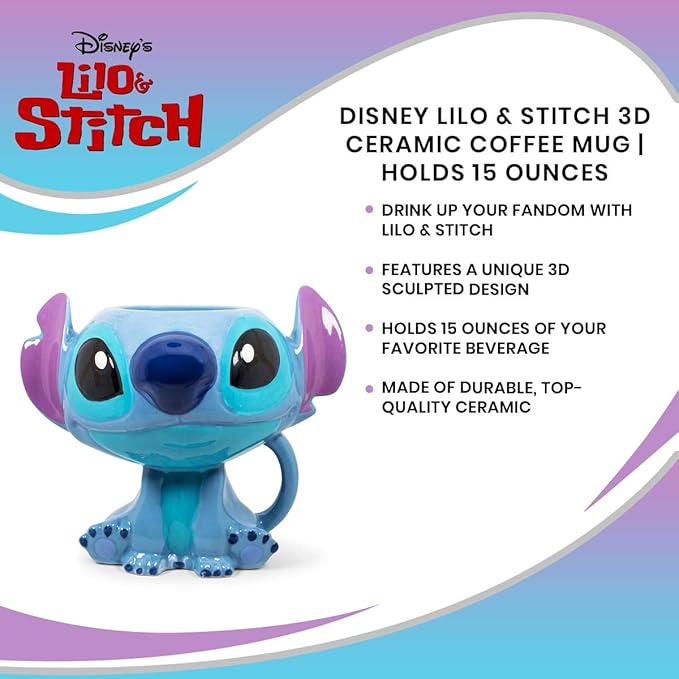 Disney Lilo & Stitch 3D Sculpted Ceramic Coffee Mug | Official Kitchen Accessories | Collectible Drinkware For Home Kitchen Bar Set | Holds 15 Ounces