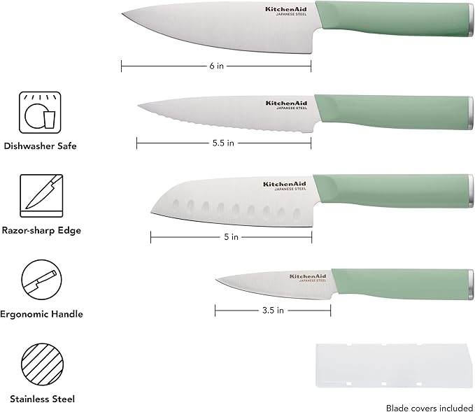 KitchenAid Chef Set with Custom Fit Covers, Sharp Kitchen Knife, High-Carbon Japanese Stainless Steel Blade, 4 Piece, Pistachio
