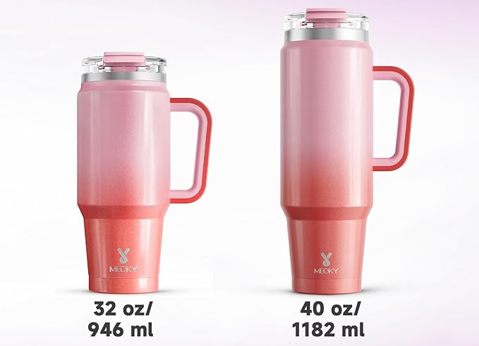 Meoky 40 oz Tumbler with Handle and Straw, Insulated Tumbler with Lid and Straw, Stainless Steel Travel Mug, Keeps Cold for 34 Hours, 100% Leak Proof, Fits in Car Cup Holder (Flamingo)