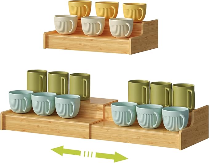 2-Tier Expandable Bamboo Mug Holder Coffee Mug Rack Organizer for Countertop, Multi-Functional Mug Display Shelf for Coffee Bar, Kitchen, and Home (15.35"~29.92")