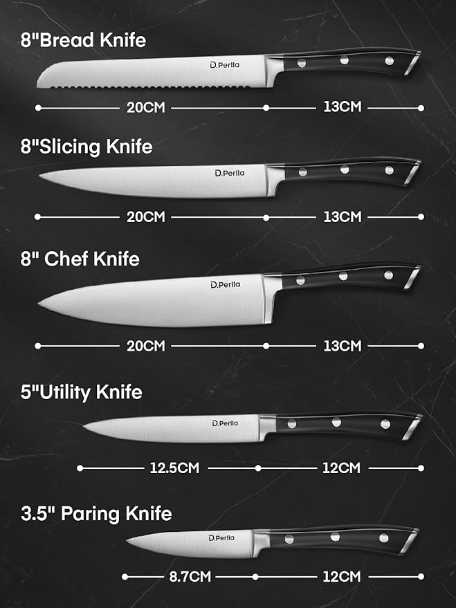Knife Set, D.Perlla 6 Pieces Small Kitchen Knife Set with Block, German Stainless Steel Knives Set, Sharp Chef Knife Block Set, Black