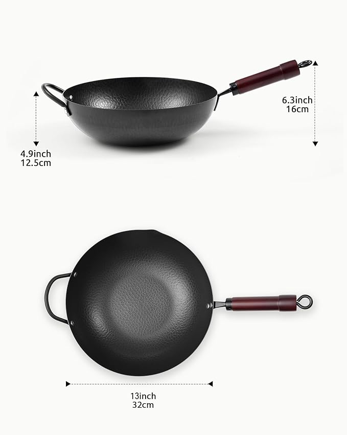 Wok Pan, Carbon Steel Wok, Woks & Stir-Fry Pans Nonstick, 13 Inch Wok Pan with Wooden Lid, Pre-Seasoned Carbon Steel Cookware, 5.8QT Flat Bottom Chinese Wok Paella Pan, Compatible with All Cooktops