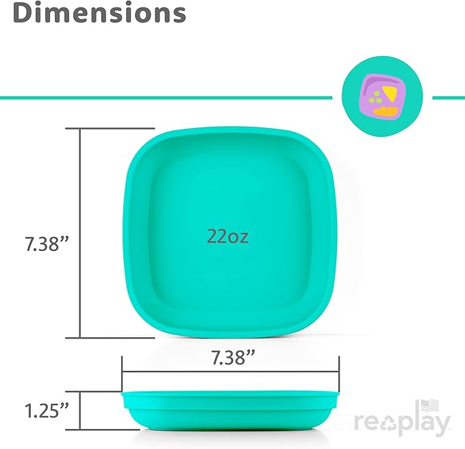 Re-Play Toddler Plates - 22 Oz. Deep-Walled Flat Kids Plates - Dishwasher & Microwave Safe - Made in USA - Set of 3-7.37" x 7.37" x 1.25" - Mermaid