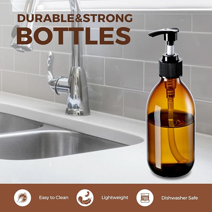8 oz Amber Glass Pump Bottle, 250ml Glass Soap Dispenser Bottle for Body Lotion Massage Oil, Refillable Empty Hand and Dish Soap Dispensers Set with Labels - 2 Pack
