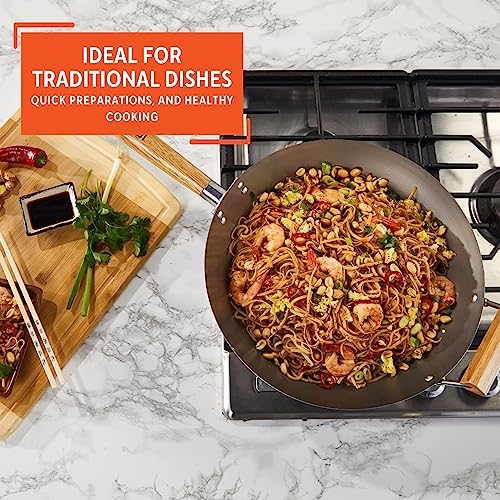 IMUSA 14 Inch Carbon Steel Wok with Wood Handles for Noodles