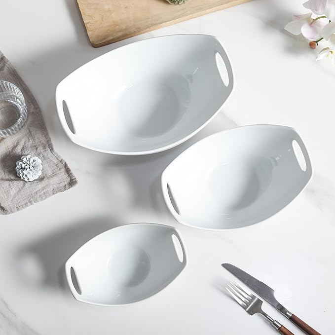 3 Piece Serving Bowls with Handle, Porcelain Serving Dishes, for Entertaining, Party, Housewarming, Christmas, Baby Shower, Microwave, and Dishwasher Safe, 15/28/47 oz, White