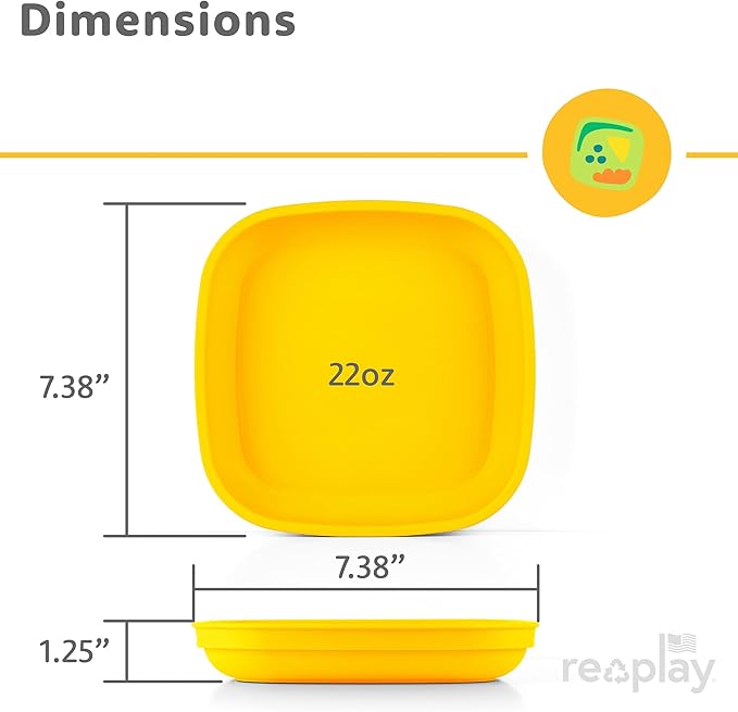 Re-Play Toddler Plates - 22 Oz. Deep-Walled Flat Kids Plates with 3 Lids - Dishwasher & Microwave Safe - Made in USA - Set of 3-7.37" x 7.37" x 1.25" - Aqua Asst