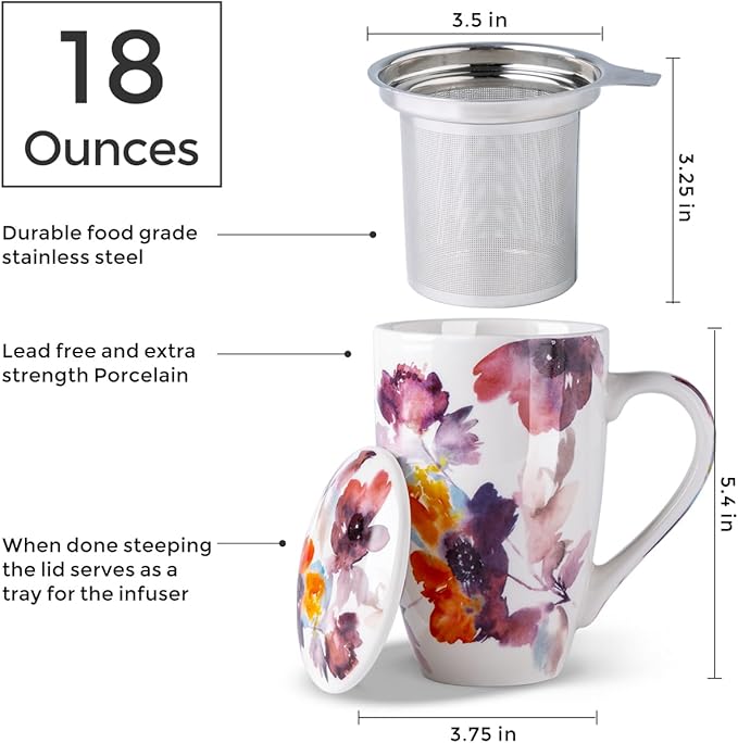 AmorArc Porcelain Tea Mug with Infuser and Lid – 18oz Loose Leaf Tea Cup with Handle, Gift for Tea Lovers (Men & Women)