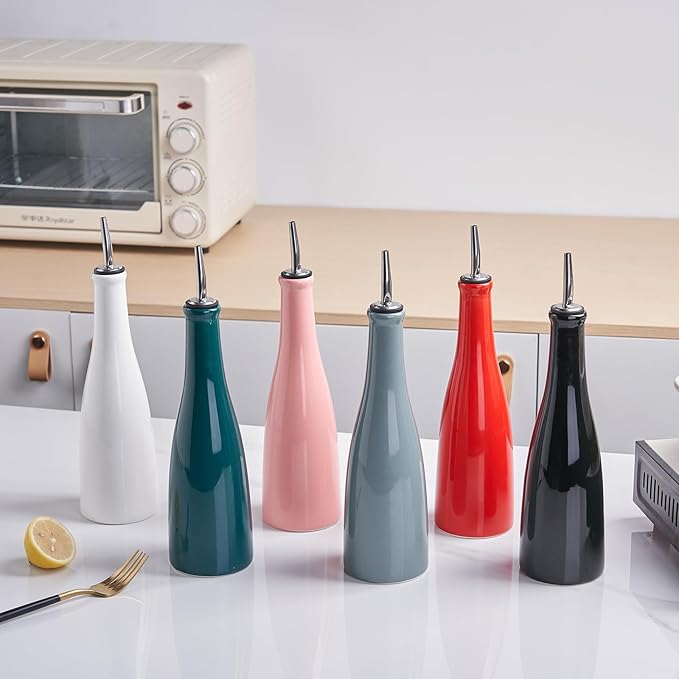 YOLIFE Olive Oil Dispenser Bottle, 20oz Ceramic Oil Dispenser for Kitchen, Oil Bottle with Gravity Spout, Leak Proof EVOO Dispensing Bottle with 2 Spouts and 1 Funnel for Vinegar, Juice(Pink)