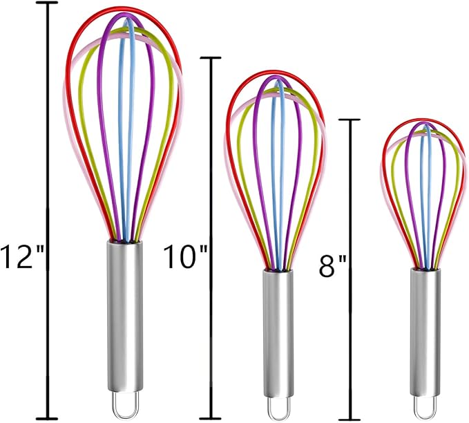 Silicone Whisk, 3 PCS Stainless Steel Wire Whisk Set, Rubber Whisks for Cooking, Non-stick Cookware, Kitchen, Balloon Egg Beater Perfect for Blending, Whisking, Rainbow