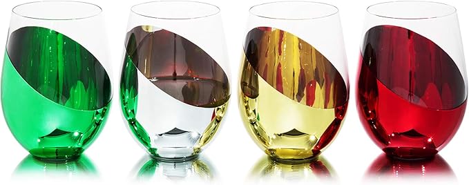 MyGift 4 Piece Stemless Glassware Set, Holiday Multicolor Angled Wine Glasses, Dipped Gold Silver Red Green Colored Mirrored Glass Cocktail Drinking Cups, 18 oz Capacity