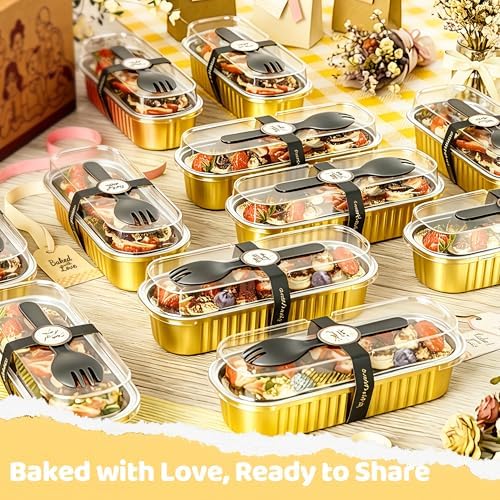 100 Pack Mini Loaf Pans with Lids and Spoons, 6.8oz Mini Cake Pans for Baking, Disposable Rectangle Aluminum Foil Small Loaf Baking Pans Cake Tins, Individual Small Cake Containers with Sticker, Gold
