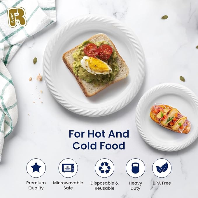 R-kay 100 Pack 6 Inch White Plastic Plates Disposable - Heavy Duty White Disposable Plates - Microwavable Disposable Plastic Plates (6 Inch, 100, Count)