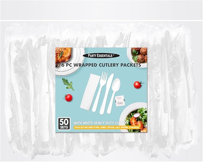 Party Essentials Individually Wrapped Plastic Cutlery Packets/Heavy Duty Silverware Kits, Fork/Spoon/Knife/Napkin/Salt/Pepper, 50 Utensils Sets, White