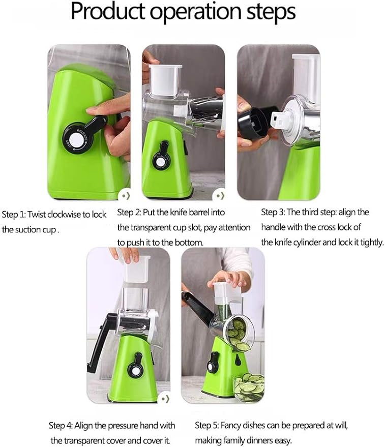 Manual Rotary Potato Grater Kitchen Mandoline Vegetable Slicer,with 3 Interchangeable Blades,Easy to use (Green)