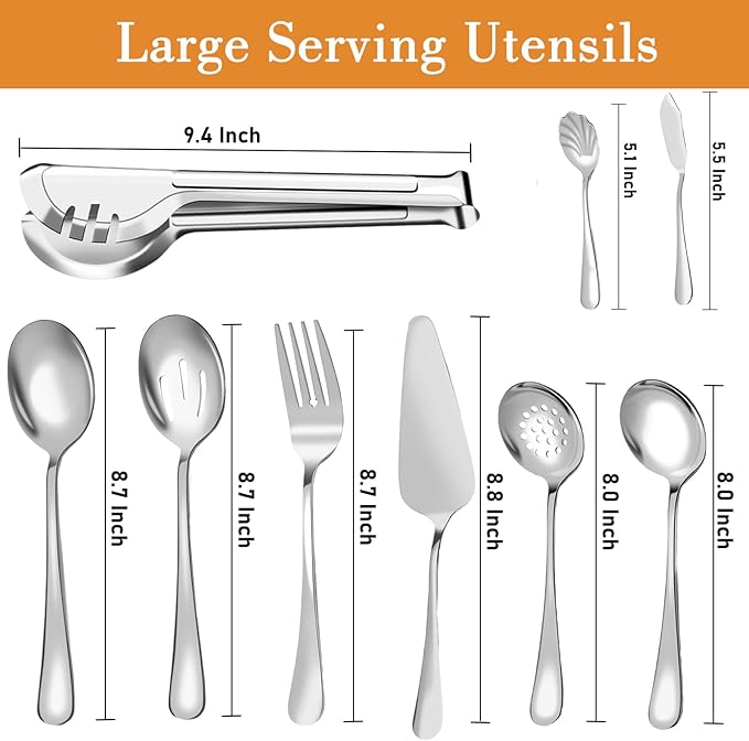 36 Pack Serving Utensils Set for Buffet, Stainless Steel Serveware, Large Spoons, Slotted Spoon, Forks, Tongs, Butter Knife, Shell Spoons, Soup Ladle, Pie Server, for Party Festival Family, Silver