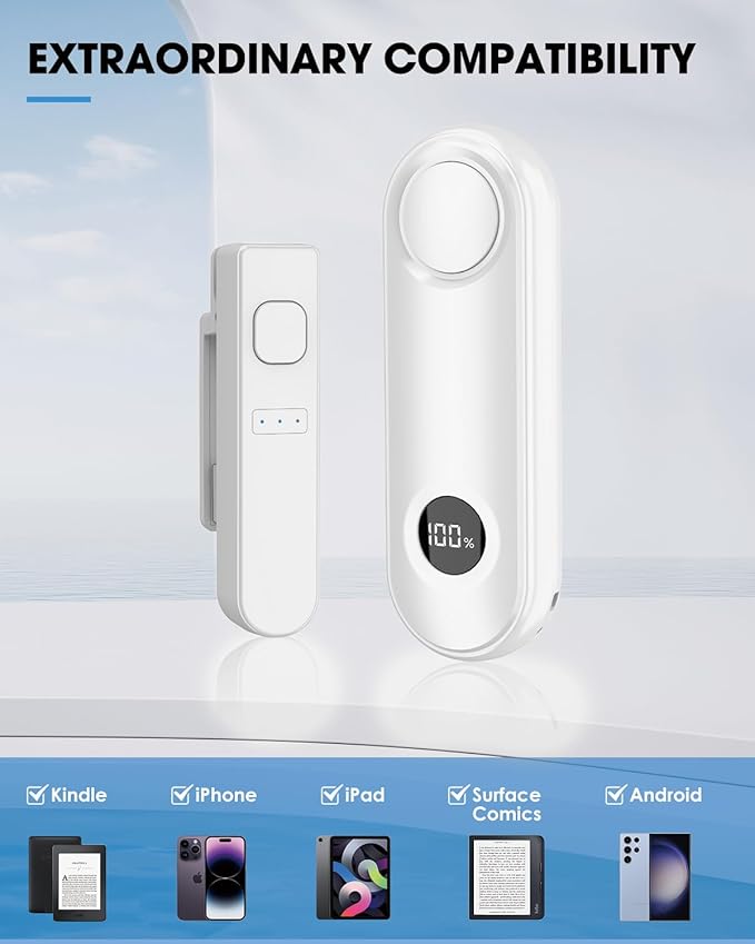 Remote Page Turner for Kindle Reading Accessories, Clicke for iPad iPhone Android Tablets E-Book Reading Noels, Camera Remote Shutter Selfie Controller, White