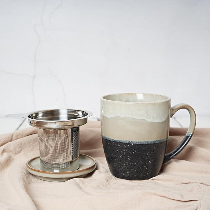 Bosmarlin Ceramic Tea Cup with Infuser and Lid, 16 Oz, 4 Colors to Choose, Dishwasher and Microwave Safe, Steeping Tea Mug with Strainer, Reactive Glaze, (Grey)
