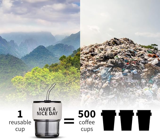 13oz/400ml Glass Water Tumbler with Straw and Lid Sealed Carry on Thick Wall Iced Coffee Cup for Water, Iced Tea, Fruit Juice (Have a Nice Day)