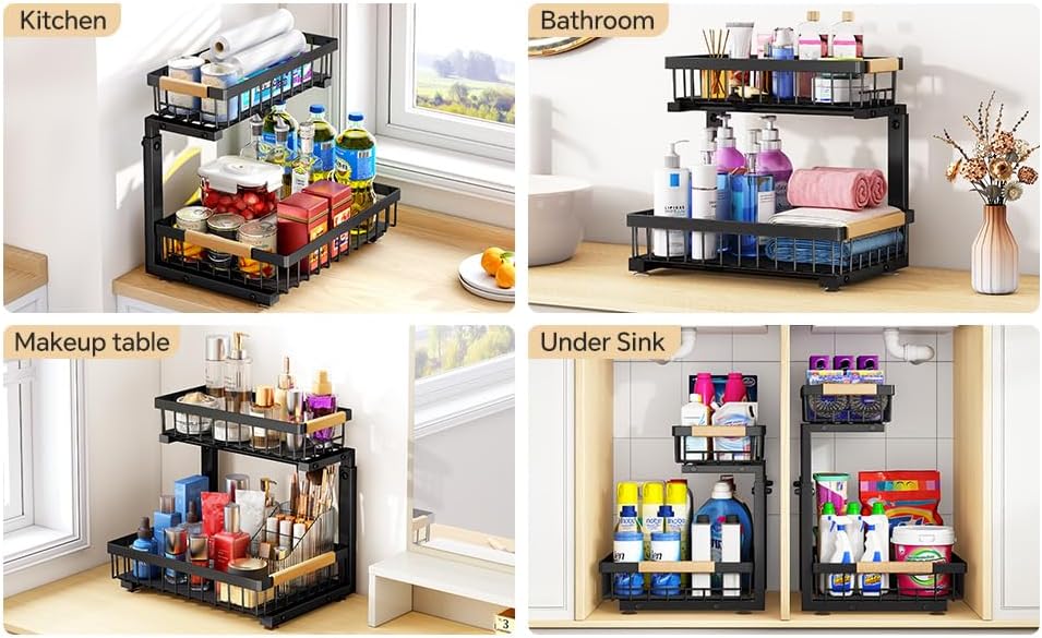 PXRACK Under Sink Organizer, Adjustable Height, 2 Tier Pull Out Under Cabinet Organizer, Slide Out Thickened Metal Under Sink Storage for Kitchen Bathroom Laundry Pantry Cabinet, Black, Small-2-Pack