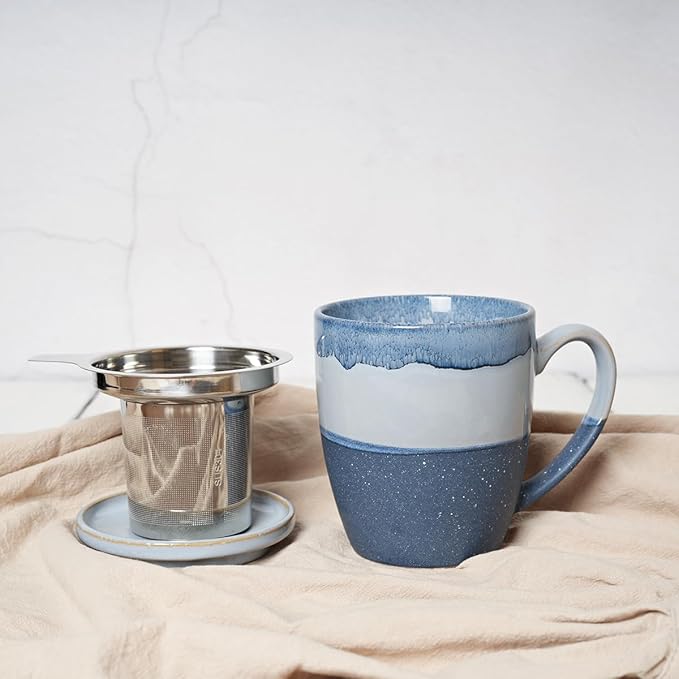 Bosmarlin Ceramic Tea Cup with Infuser and Lid, 16 Oz, 4 Colors to Choose, Dishwasher and Microwave Safe, Steeping Tea Mug with Strainer, Reactive Glaze, (Blue)