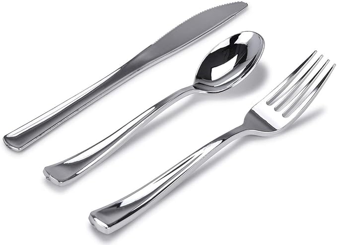 Silver Plastic Silverware Set (200-Pack) – Disposable Heavy Duty Cutlery, 67 Forks, 67 Knives, 67 Spoons for Parties, Weddings, Dinners & Holidays