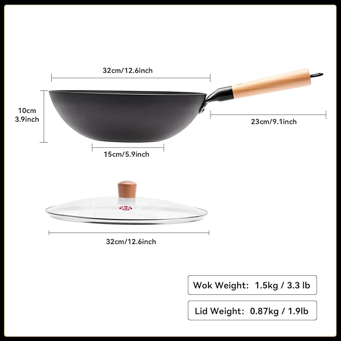 WANGYUANJI Carbon Steel Wok Pan - 12.6 Inch Flat Bottom Iron Wok, Woks & Stir-Fry Pans, Carbon Steel Pan for Induction Cookware and Gas Stoves