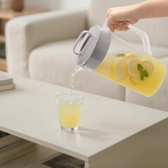 Frcctre 2 Pack Mixing Pitcher for Drinks 2 Quart/ 64oz Plastic Water Pitcher with Lid, Easy-Mix Angled Plastic Blades and Adjustable Mixer Plunger Container for Juice, Milk, Tea, Beverage Container