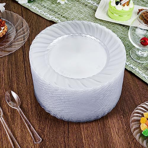 FOCUSLINE 100 Count Clear Plastic Plates, 9 Inch Disposable Dinner Plates