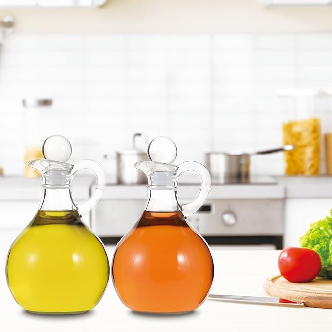 Oil and Vinegar Cruet Set of 2, Glass Oil and Vinegar Dispenser with Airtight Stopper, Glass Condiment Container for Homemade Oil, Salad Dressing