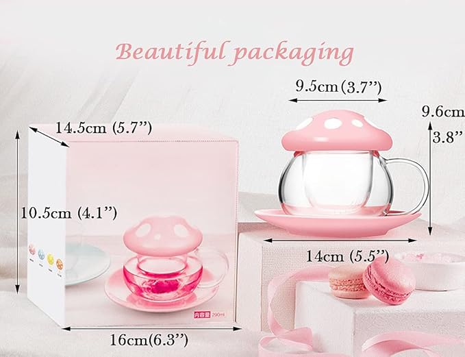 Mushroom Tea Cup Set, Cute Glass Tea Cups and Saucers, Kawaii Tea Cup with Infuser for Loose Leaf Tea Steeper, Coffee Mug Christmas Gifts for Women, Tea Infuser Mug with Lid for Mother Girls (Orange)