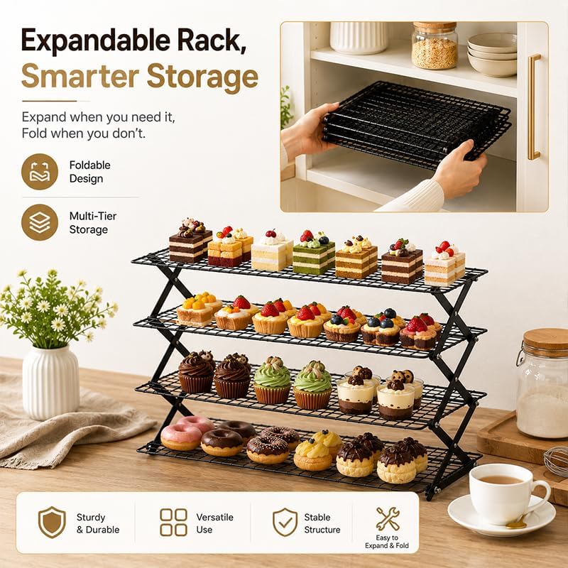 4 Tier Collapsible Cooling Rack, 3-Setting Adjustable Stackable Baking Rack, Foldable Metal Wire Cooling Stand for Cookies, Bread, Pastry, Outdoor Picnic Food Display, Baking Supplies