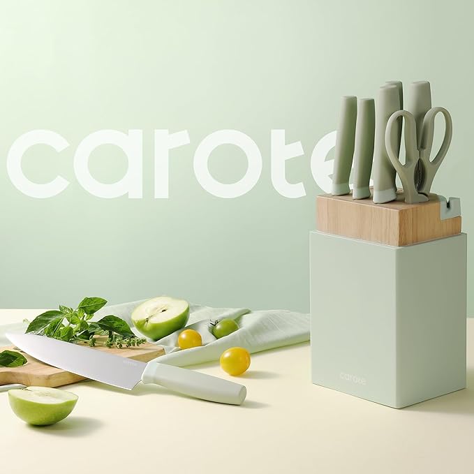 CAROTE 9 Pieces Kitchen Knife Block Set with Sharpener, Dishwasher Safe Knives for Kitchen, Forged Cutlery with Razor-Sharp Stainless Steel Blades, Green